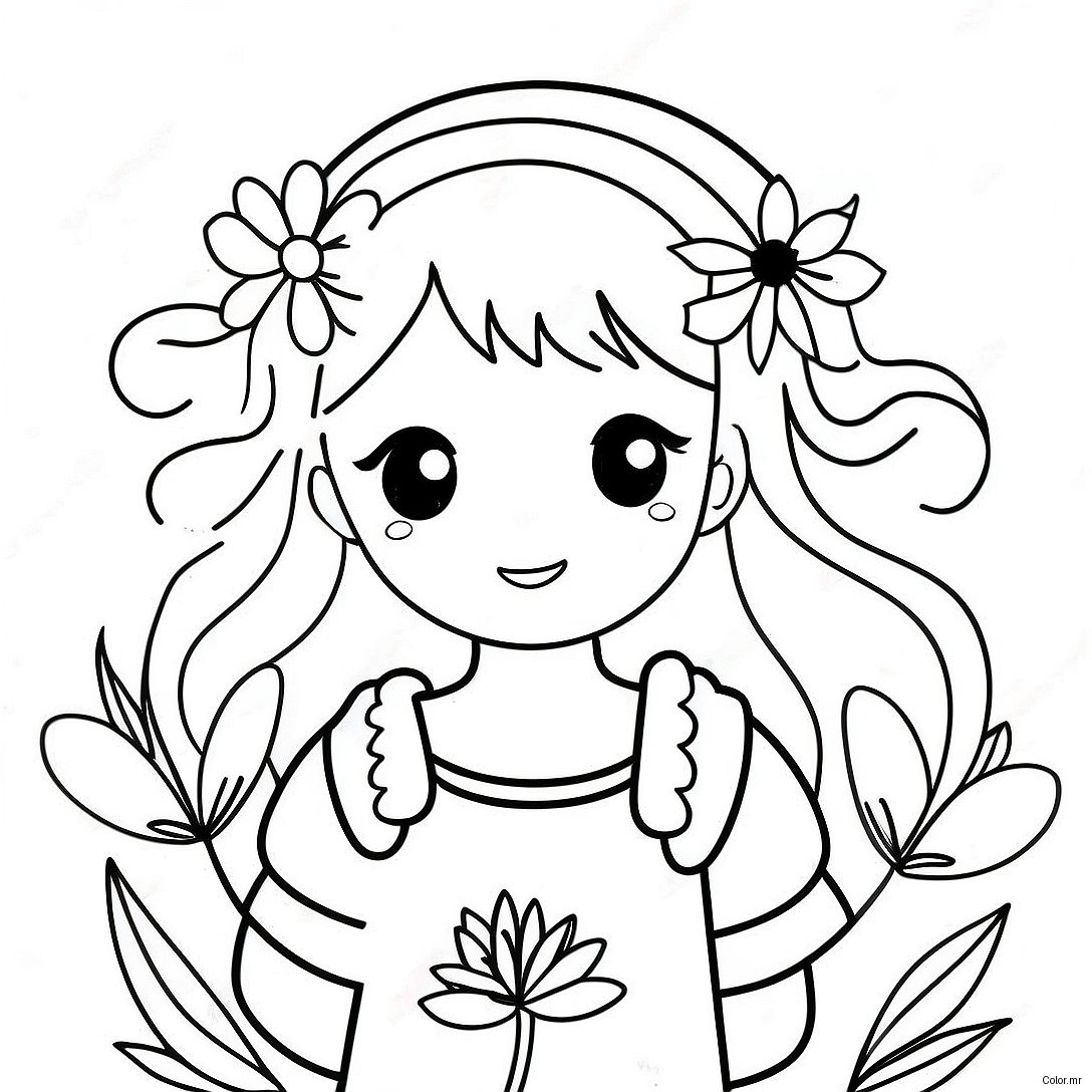 Cute Long Hair Anime Girl With Flowers Coloring Page 22944 21093