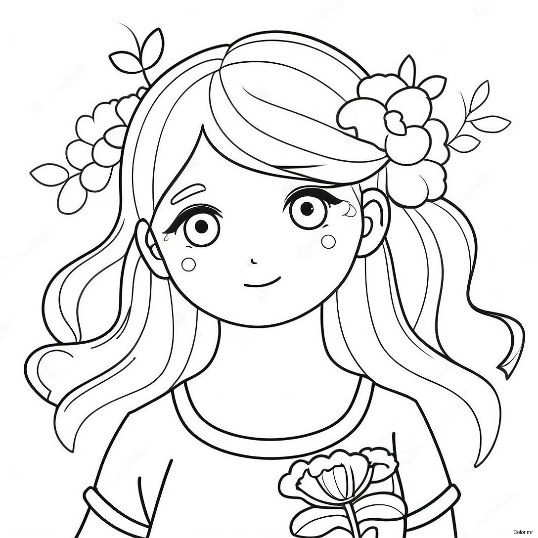 Cute Long Hair Anime Girl With Flowers Coloring Page 22944 21094